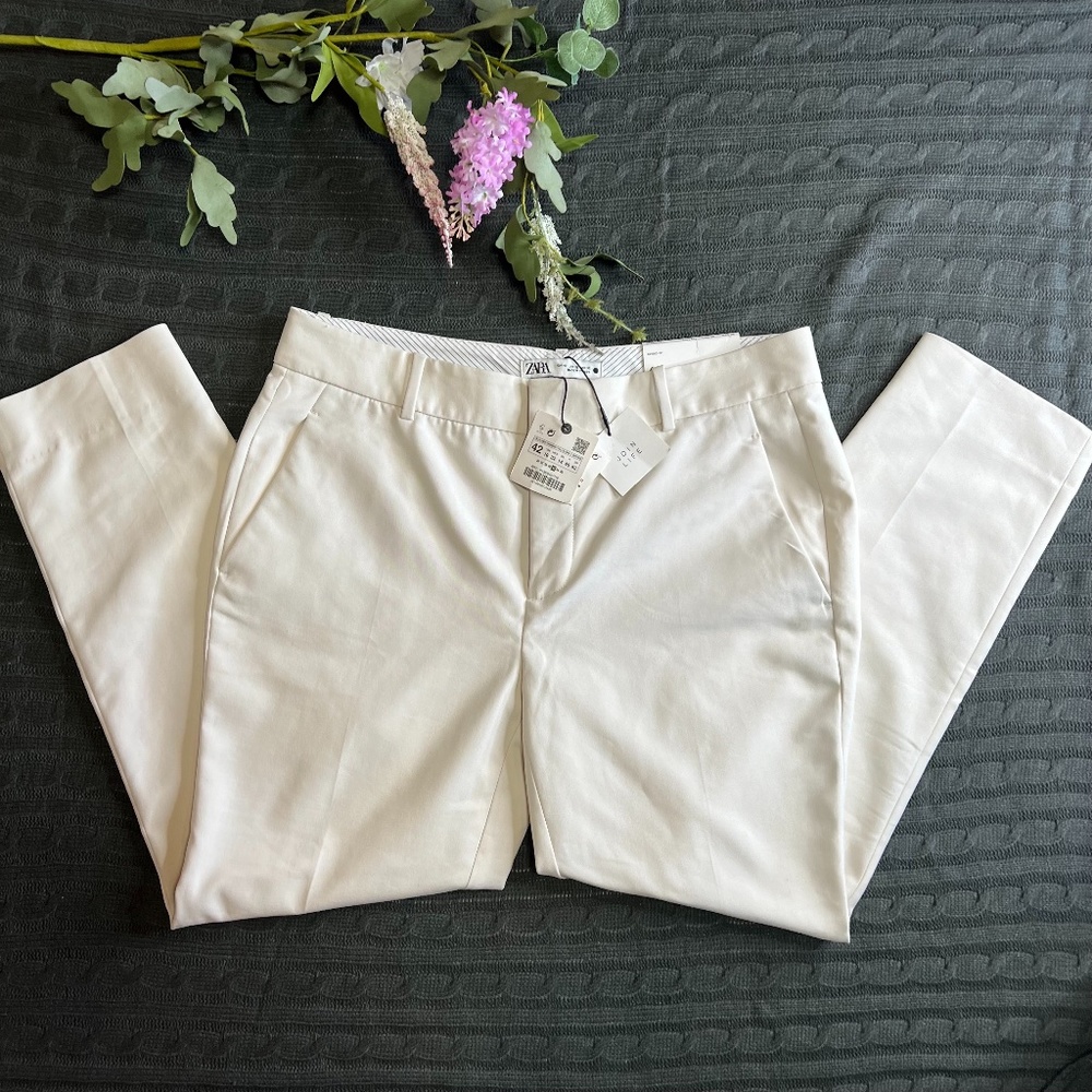 New Zara Relaxed Fit Chino Trouser Cream Pants Size 10